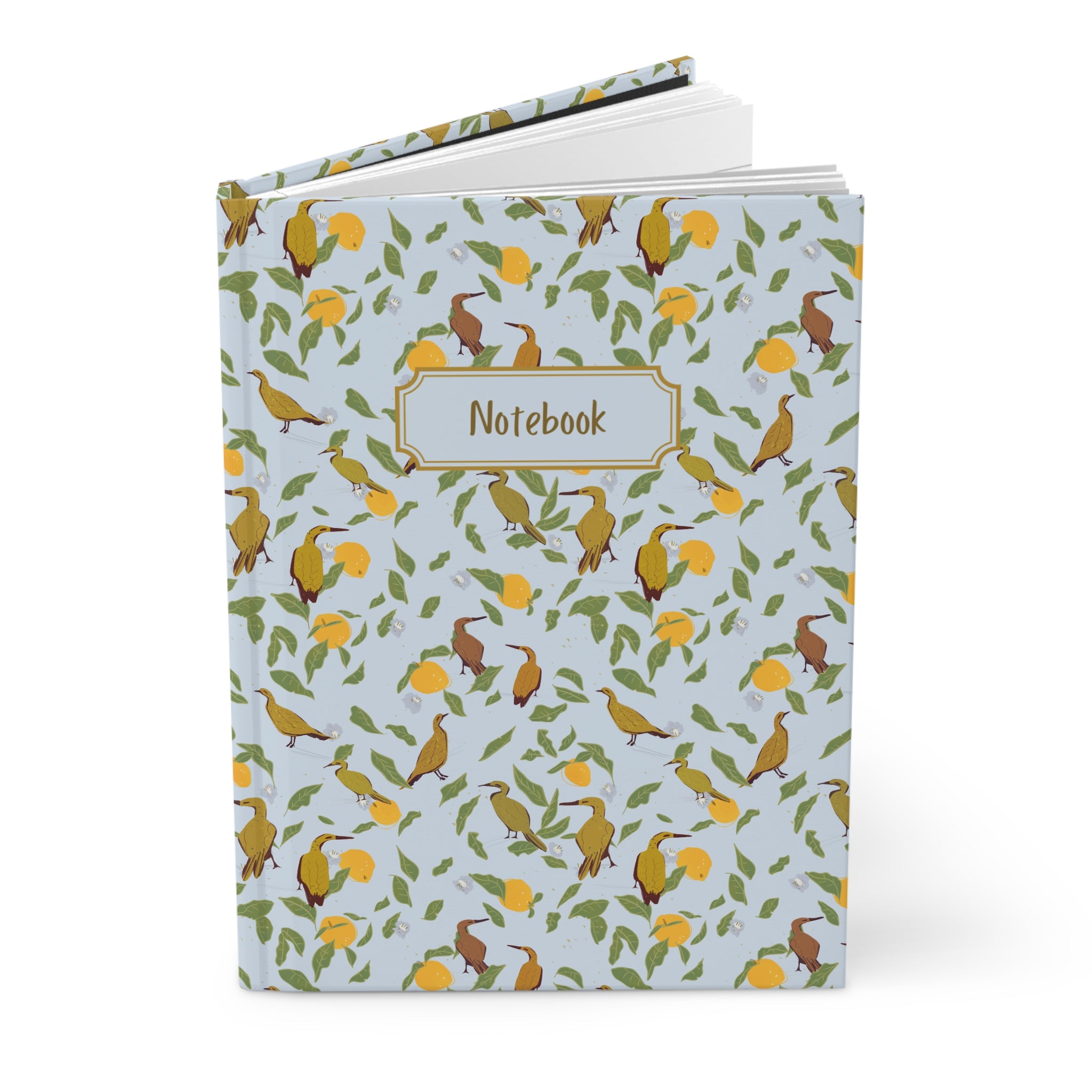 soft blue hardcover notebook bird and lemon pattern journal