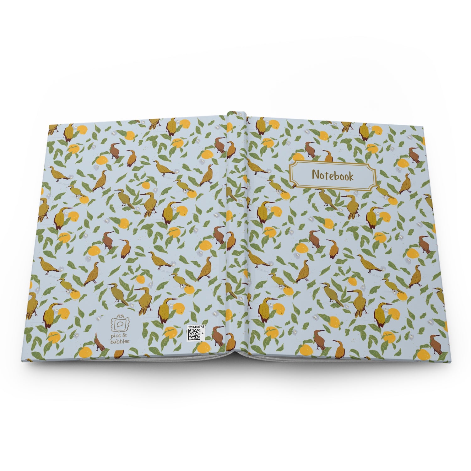 open soft blue floral notebook bird and lemon pattern spread