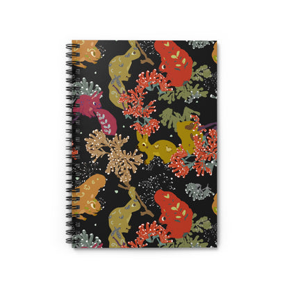 Black spiral notebook featuring illustrated squirrels with warm autumn tones. Perfect for journaling, sketching, or quiet planning.