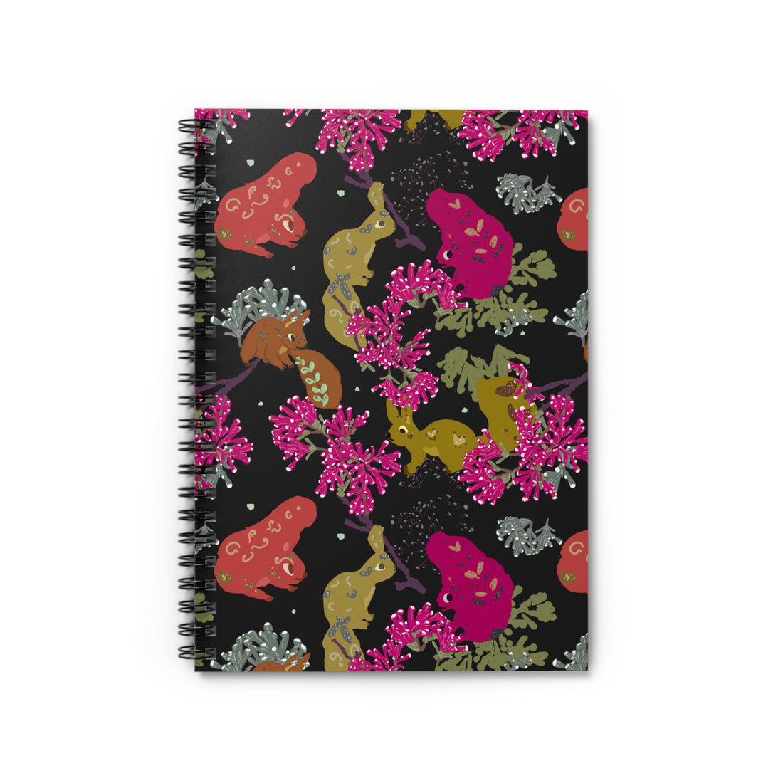 Hand-illustrated squirrel spiral notebook with bold pink flowers on black background. Animal and floral motif for journaling and gifting.