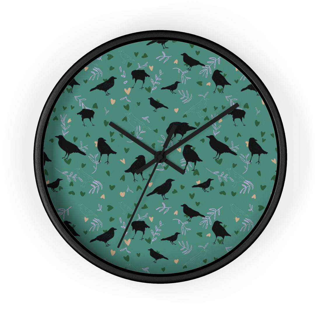 Modern wall clock with forest green background and black crow pattern – Pics &amp; Babbles original artwork.